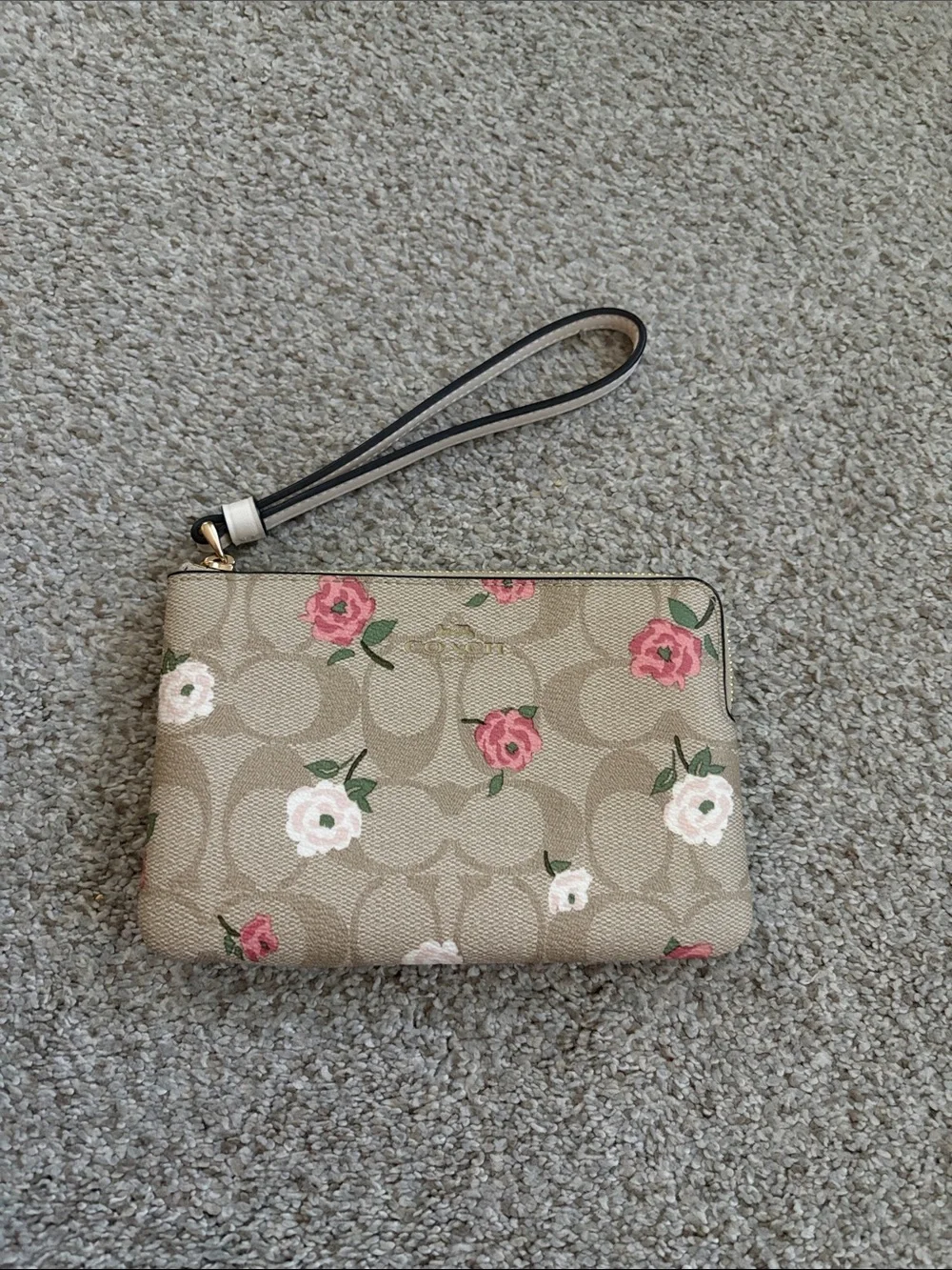 Coach Signature Canvas Floral Wristlet - Beige with Pink & White Flowers